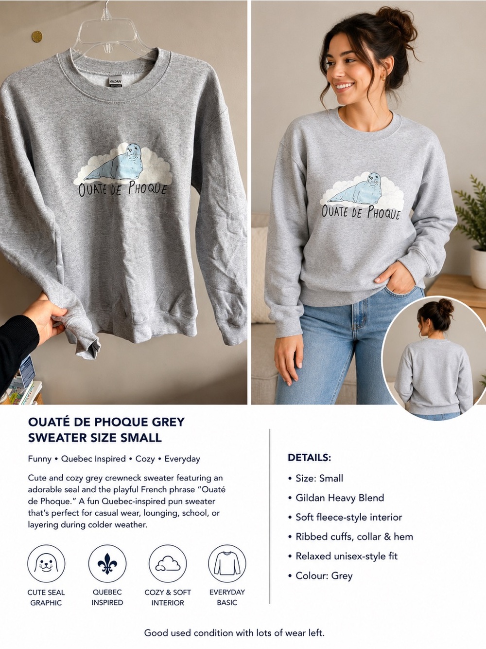 “Ouate de Phoque” Grey Crewneck Sweater Funny Franco Graphic Sweatshirt